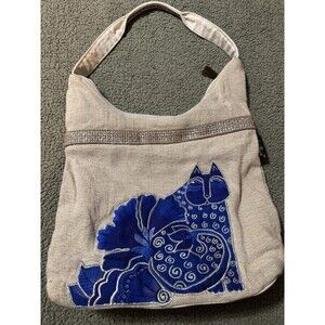 Laurel Burch Feline Clan Canvas Shoulder Blue Cat Tote Handbag Purse Blue Cream